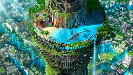 末日水世界东京塔空中泳池奇幻动漫壁纸
