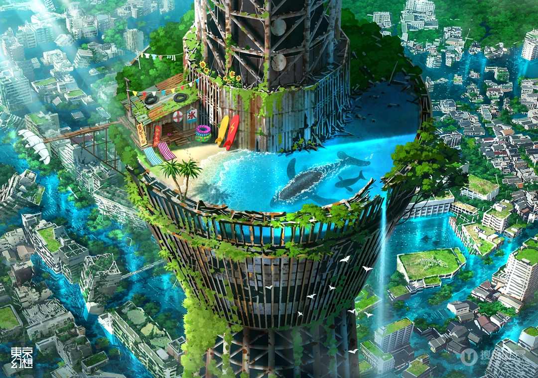 末日水世界东京塔空中泳池奇幻动漫壁纸