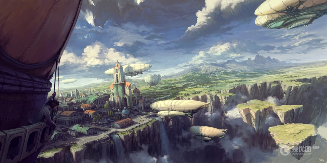 蒸汽朋克风浮空飞艇奇幻空岛场景动漫壁纸
