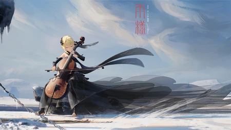 雪地拉大提琴的金发少女动漫插画壁纸