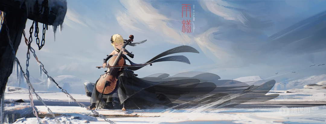 雪地拉大提琴的金发少女动漫插画壁纸