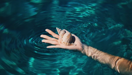 澄澈碧海中手托海螺清新治愈壁纸