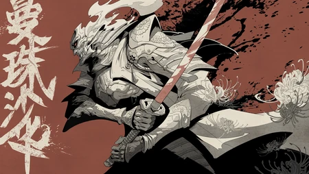 酷飒持武士刀盔甲武士曼珠沙华动漫壁纸