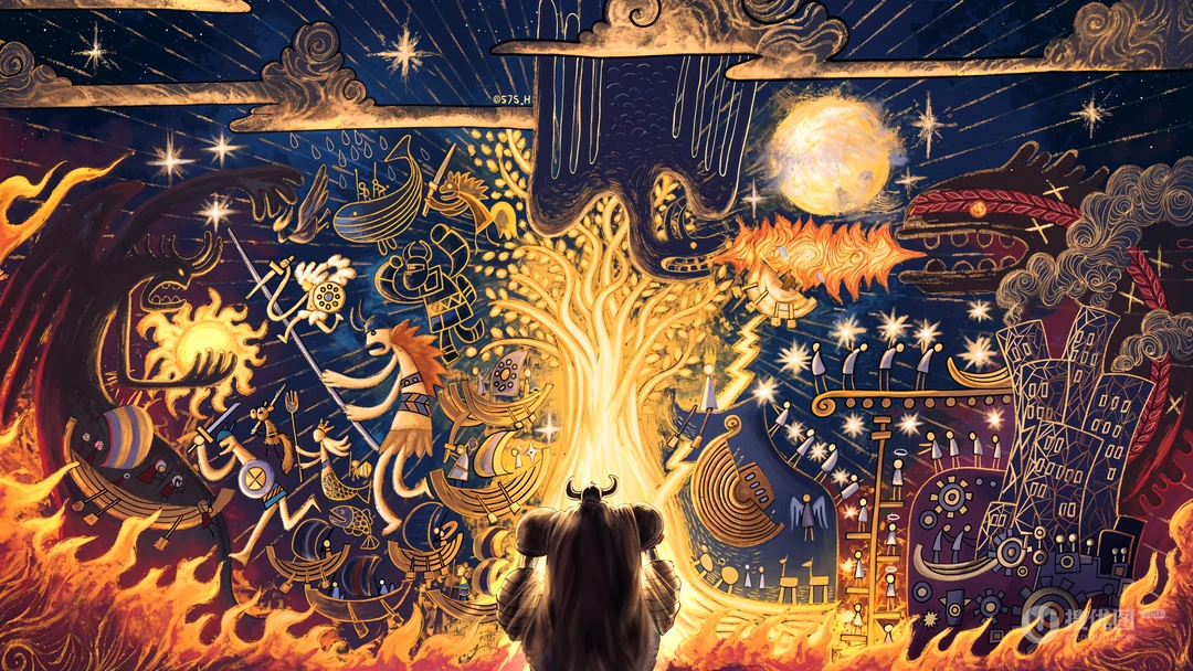 神话题材金色世界树奇幻复古插画壁纸
