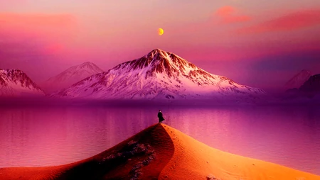 梦幻紫粉色夕阳下雪山湖泊孤独行者风景壁纸