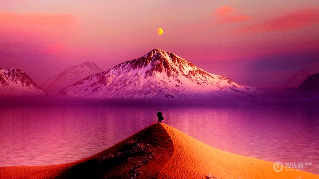 梦幻紫粉色夕阳下雪山湖泊孤独行者风景壁纸