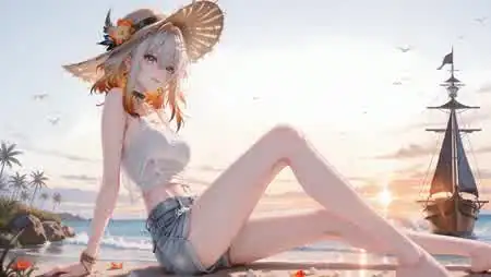 日落海滩度假风草帽动漫少女桌面壁纸