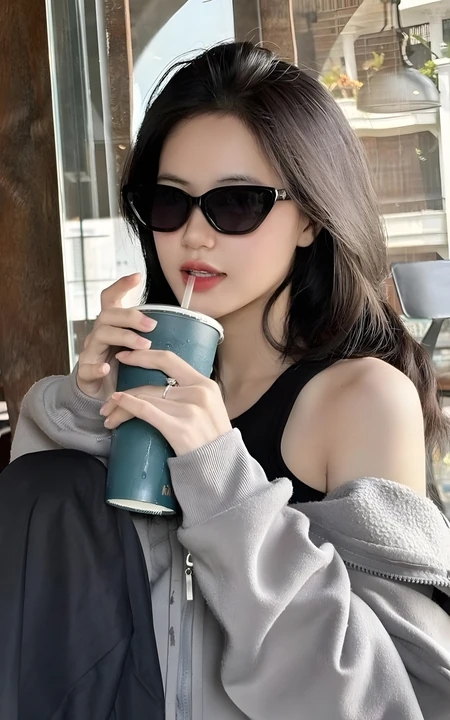 戴墨镜酷飒美女户外咖啡馆喝饮品随拍