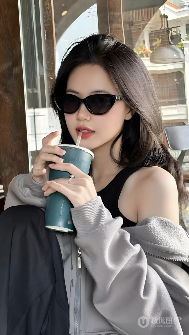 戴墨镜酷飒美女户外咖啡馆喝饮品随拍