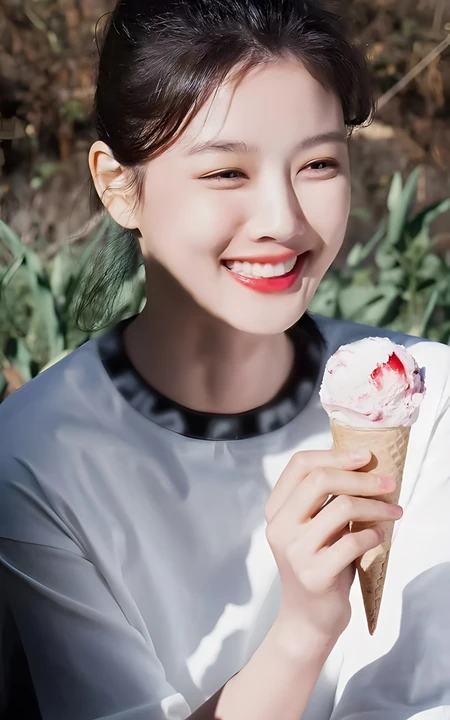 户外阳光下手拿冰淇淋的甜美治愈美女