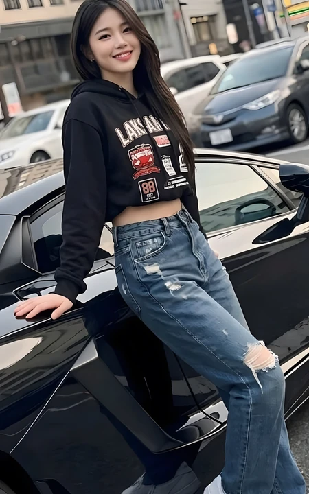 街头酷飒长发美女靠在黑色跑车上街拍