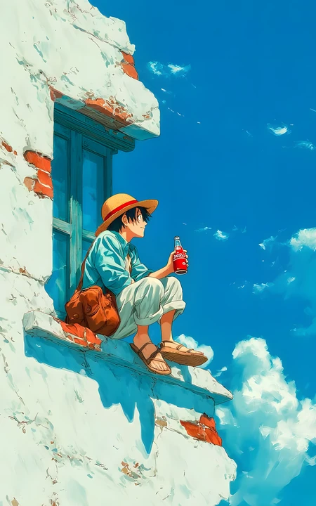 夏日窗边戴草帽少年动漫手机壁纸