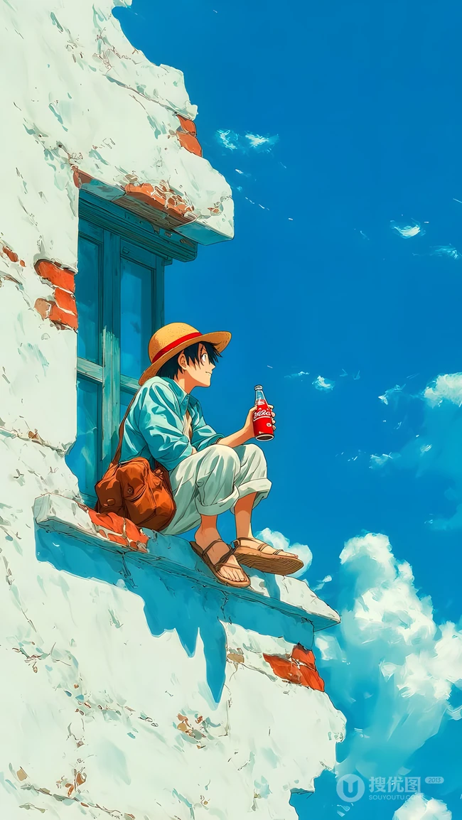 夏日窗边戴草帽少年动漫手机壁纸