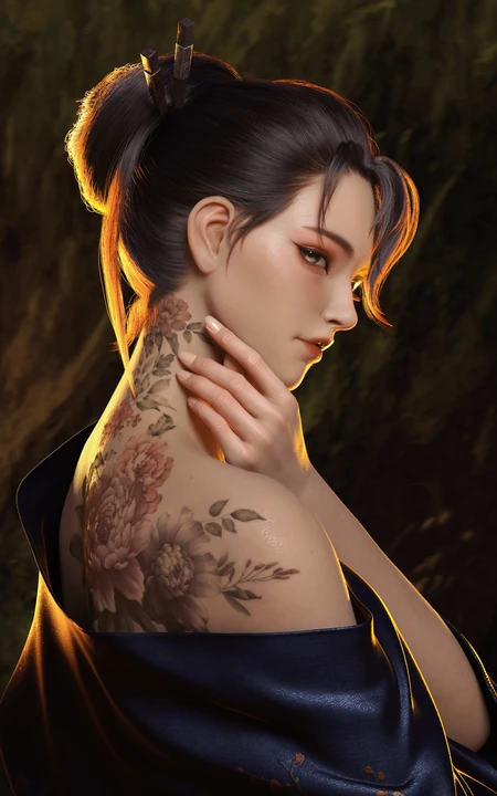 国风纹身美女 逆光氛围感3D唯美壁纸
