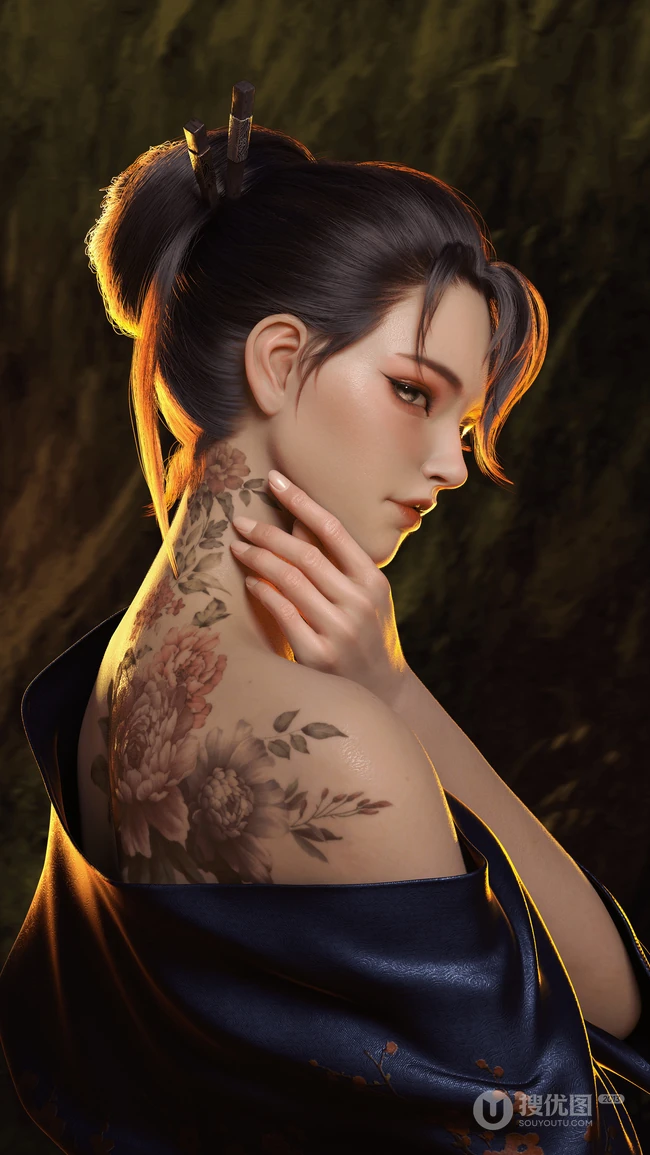 国风纹身美女 逆光氛围感3D唯美壁纸