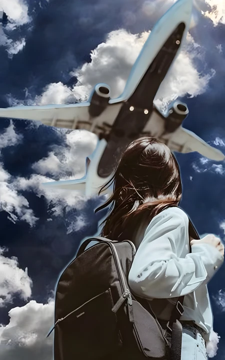 背包女生仰望天空掠过飞机创意合成壁纸