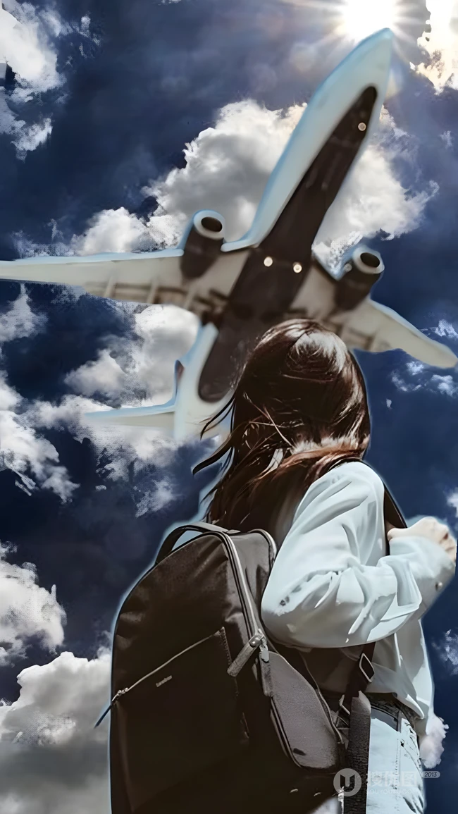 背包女生仰望天空掠过飞机创意合成壁纸