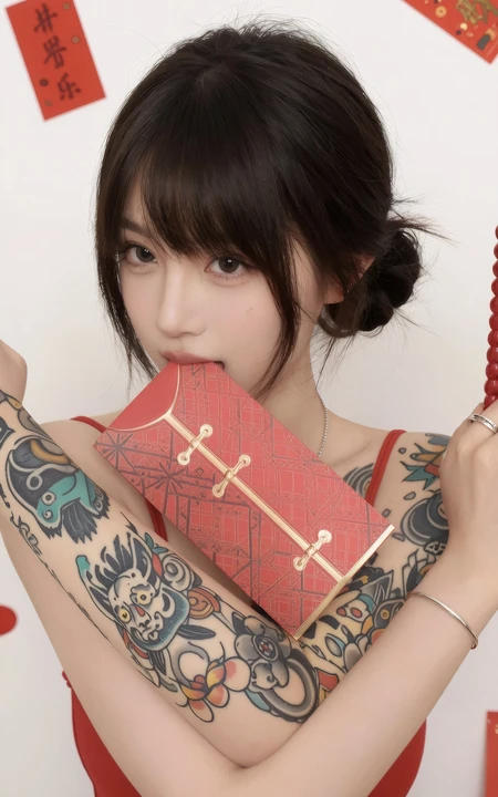 国风新年红裙花臂少女手拿红包甜美写真