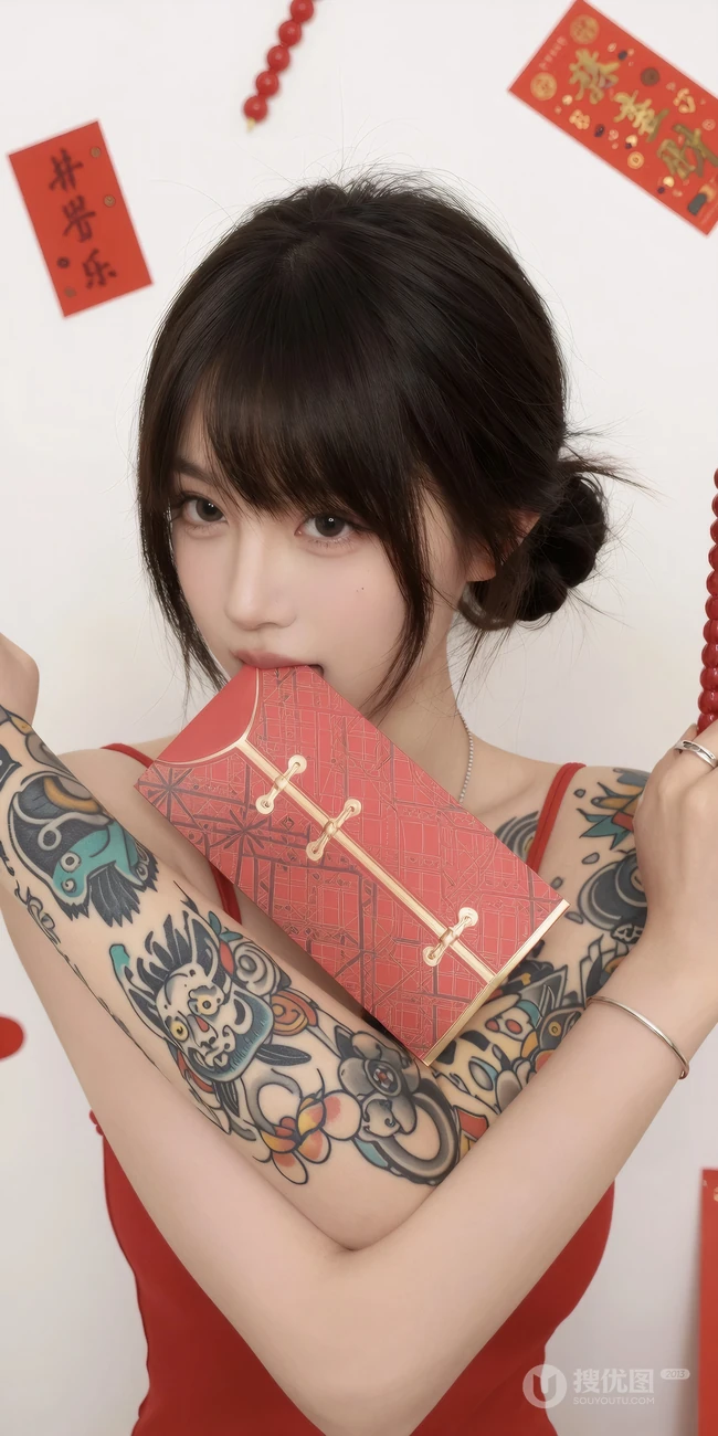 国风新年红裙花臂少女手拿红包甜美写真