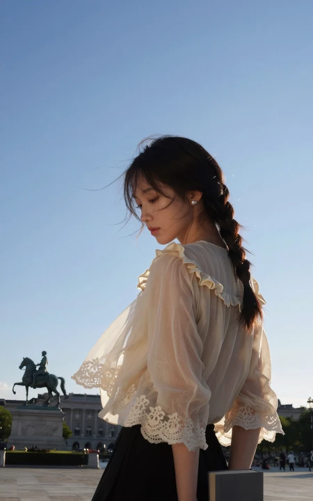 欧洲广场夕阳下持书麻花辫少女氛围感写真