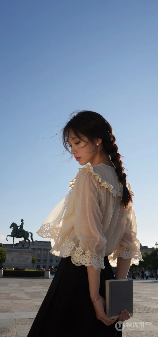 欧洲广场夕阳下持书麻花辫少女氛围感写真