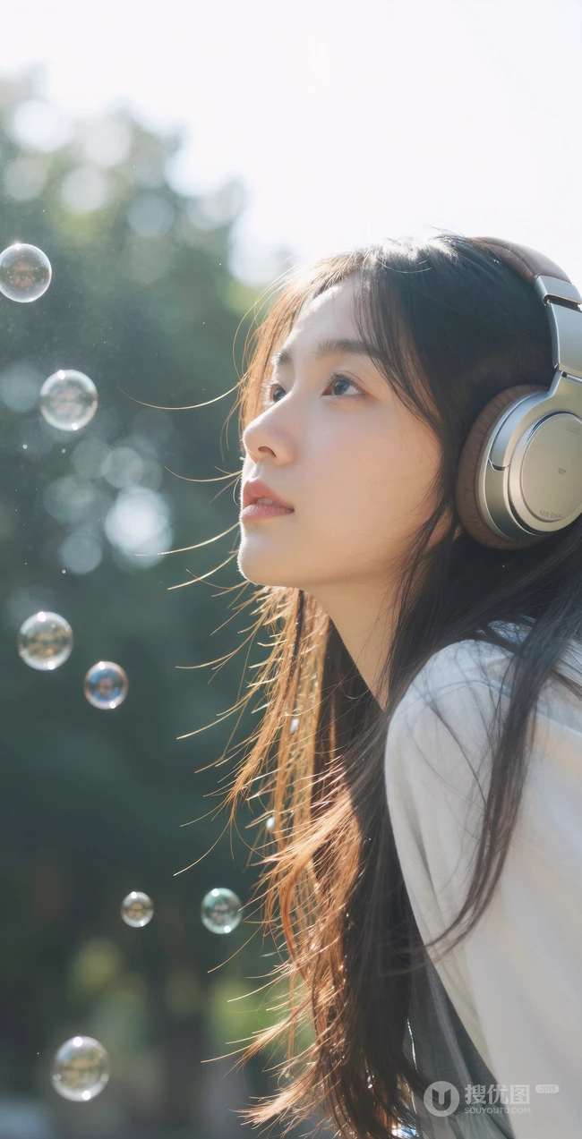 户外阳光清新少女戴耳机 泡泡氛围感写真