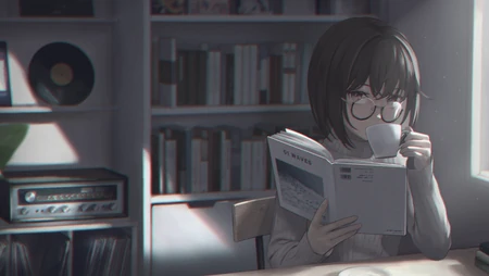 窗边戴圆框眼镜短发少女读书喝咖啡日系插画
