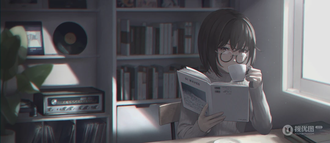 窗边戴圆框眼镜短发少女读书喝咖啡日系插画