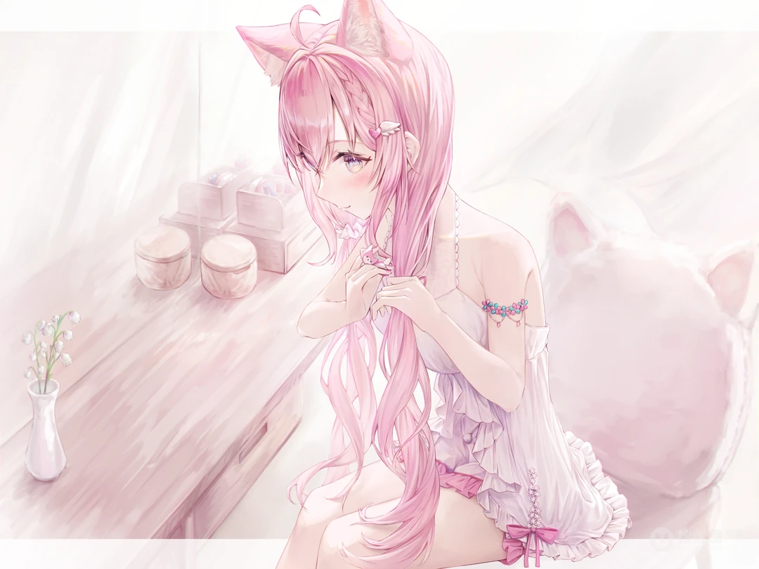 粉色长发猫耳少女梳妆二次元动漫壁纸