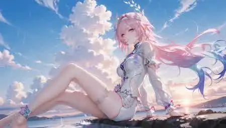 海边日落场景下的粉发动漫少女插画壁纸