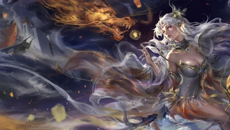 玄幻风银发女法师与金龙 厚涂游戏原画壁纸