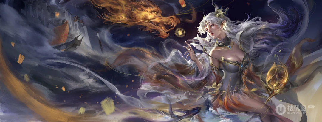 玄幻风银发女法师与金龙 厚涂游戏原画壁纸