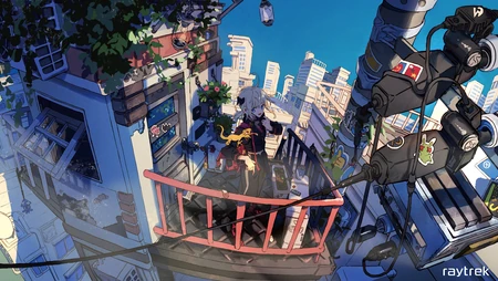 日式二次元高空阳台银发少女城市街景插画