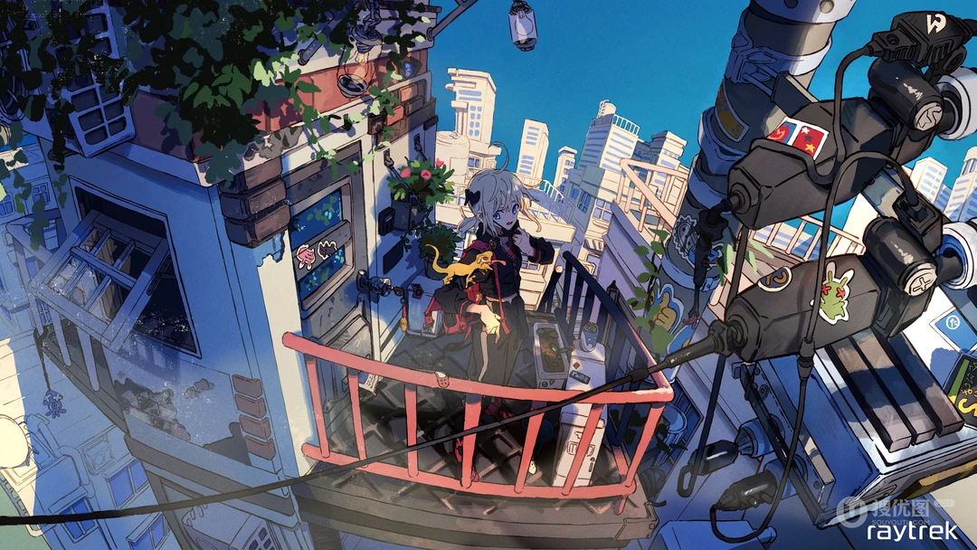 日式二次元高空阳台银发少女城市街景插画