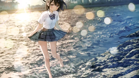 黄昏海边JK制服少女赤脚踏浪唯美动漫插画