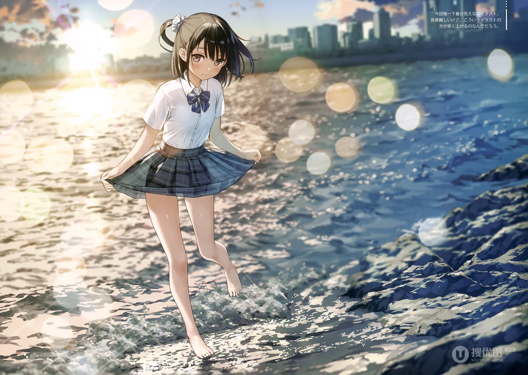 黄昏海边JK制服少女赤脚踏浪唯美动漫插画