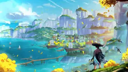 原神散兵俯瞰璃月港秋日海滨风景