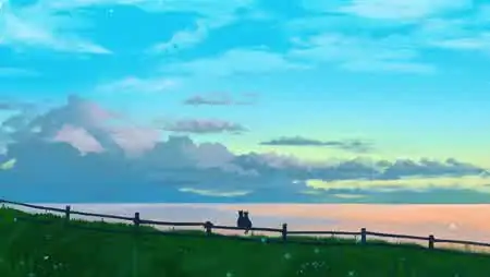 治愈海边草地晚霞下依偎在栅栏上的双猫壁纸
