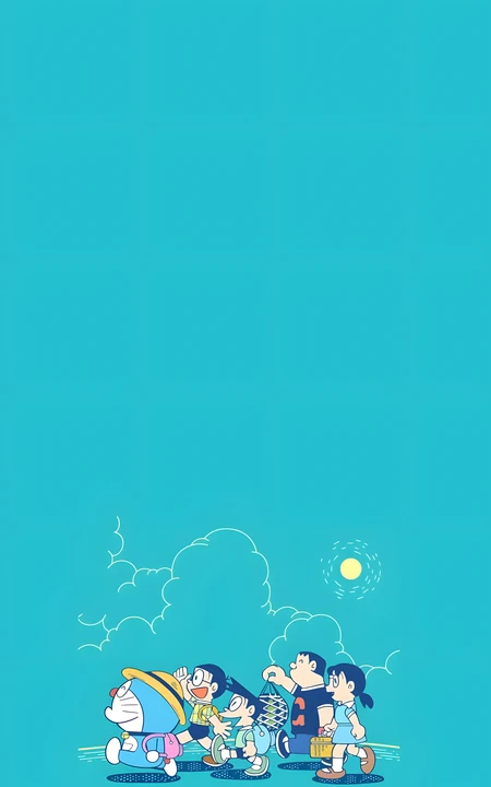 哆啦A梦与伙伴们夏日海边出游清新手机壁纸