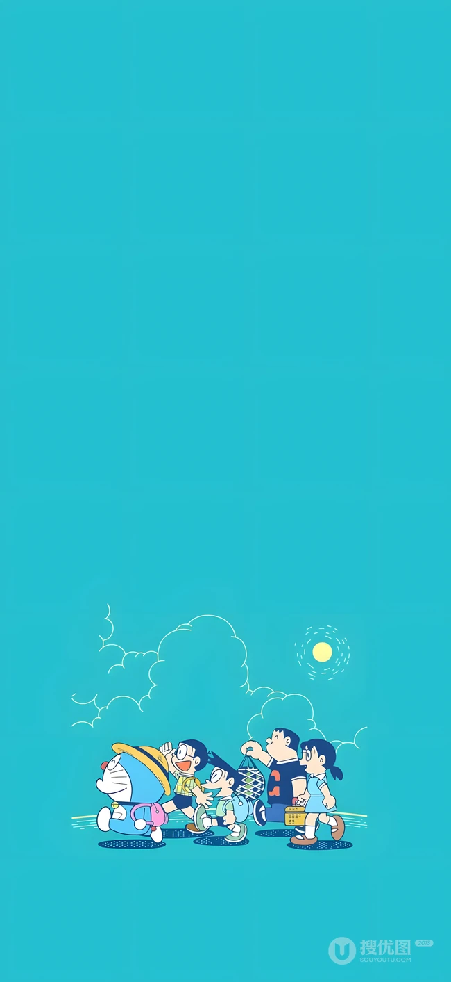 哆啦A梦与伙伴们夏日海边出游清新手机壁纸