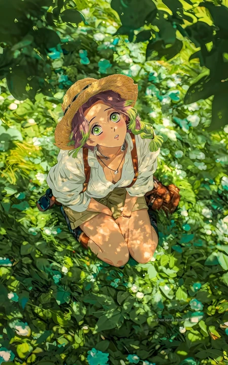 鬼灭之刃甘露寺蜜璃夏日草丛草帽壁纸