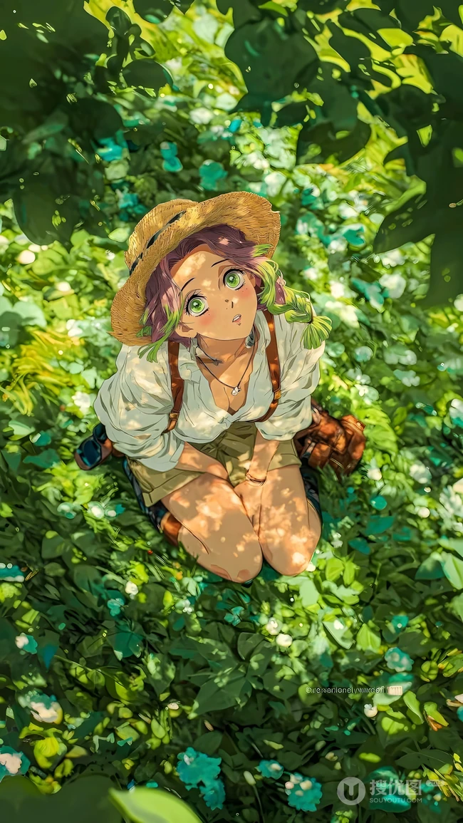 鬼灭之刃甘露寺蜜璃夏日草丛草帽壁纸