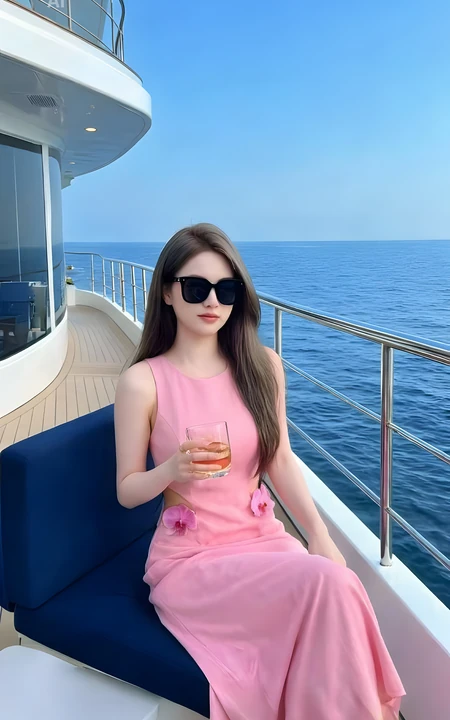 墨镜粉裙美女游艇度假海上休闲随拍
