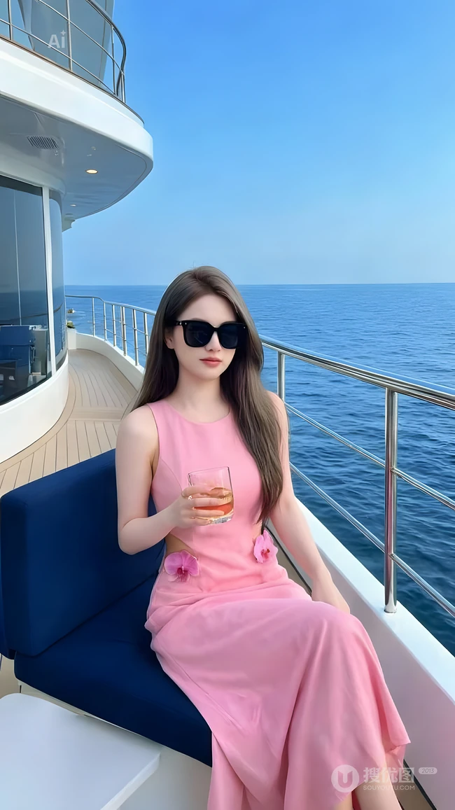 墨镜粉裙美女游艇度假海上休闲随拍