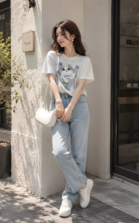 休闲风清纯女生街拍 白T牛仔裤夏日穿搭