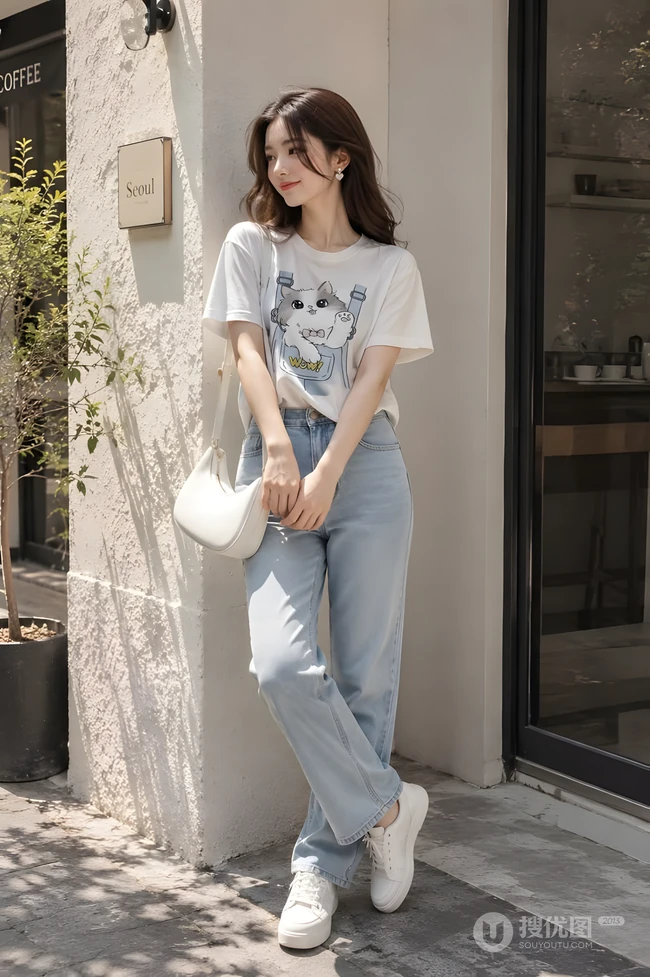 休闲风清纯女生街拍 白T牛仔裤夏日穿搭