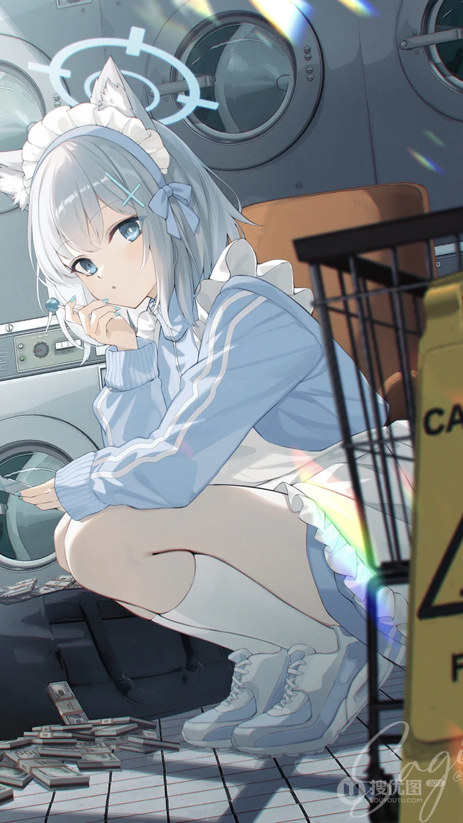 蔚蓝档案砂狼白子白子女仆运动风同人插画
