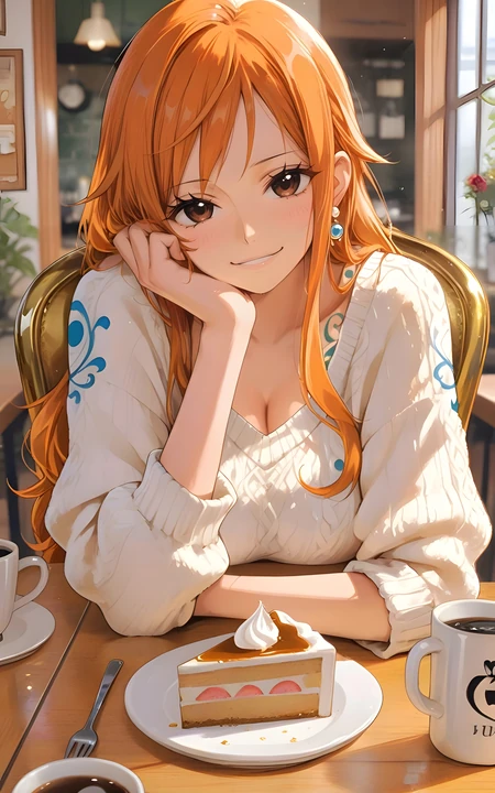 海贼王娜美咖啡馆下午茶休闲插画