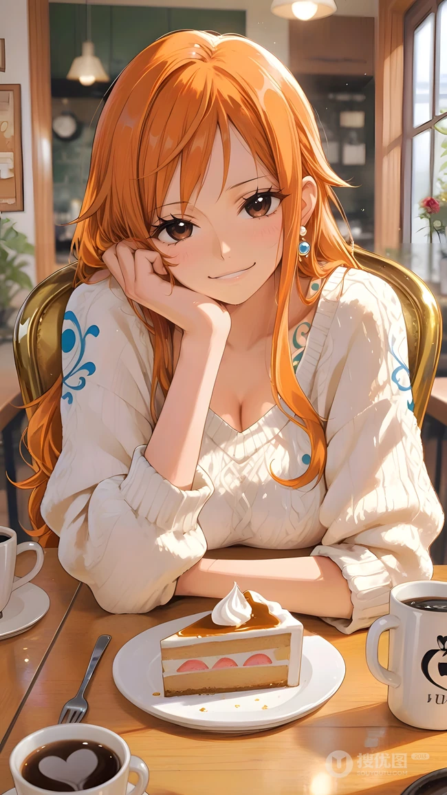 海贼王娜美咖啡馆下午茶休闲插画