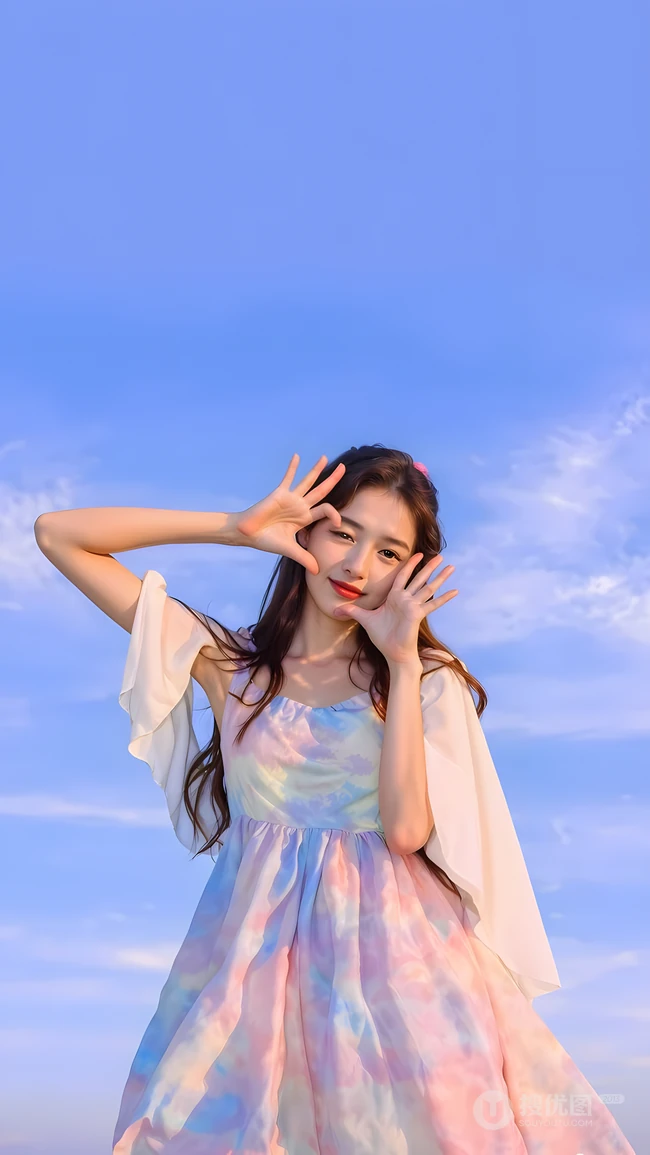 夏日晴空下扎染连衣裙少女清新写真